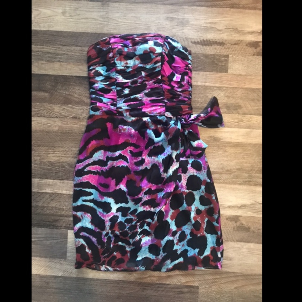 Cache Leopard Print Strapless Cocktail Dress
